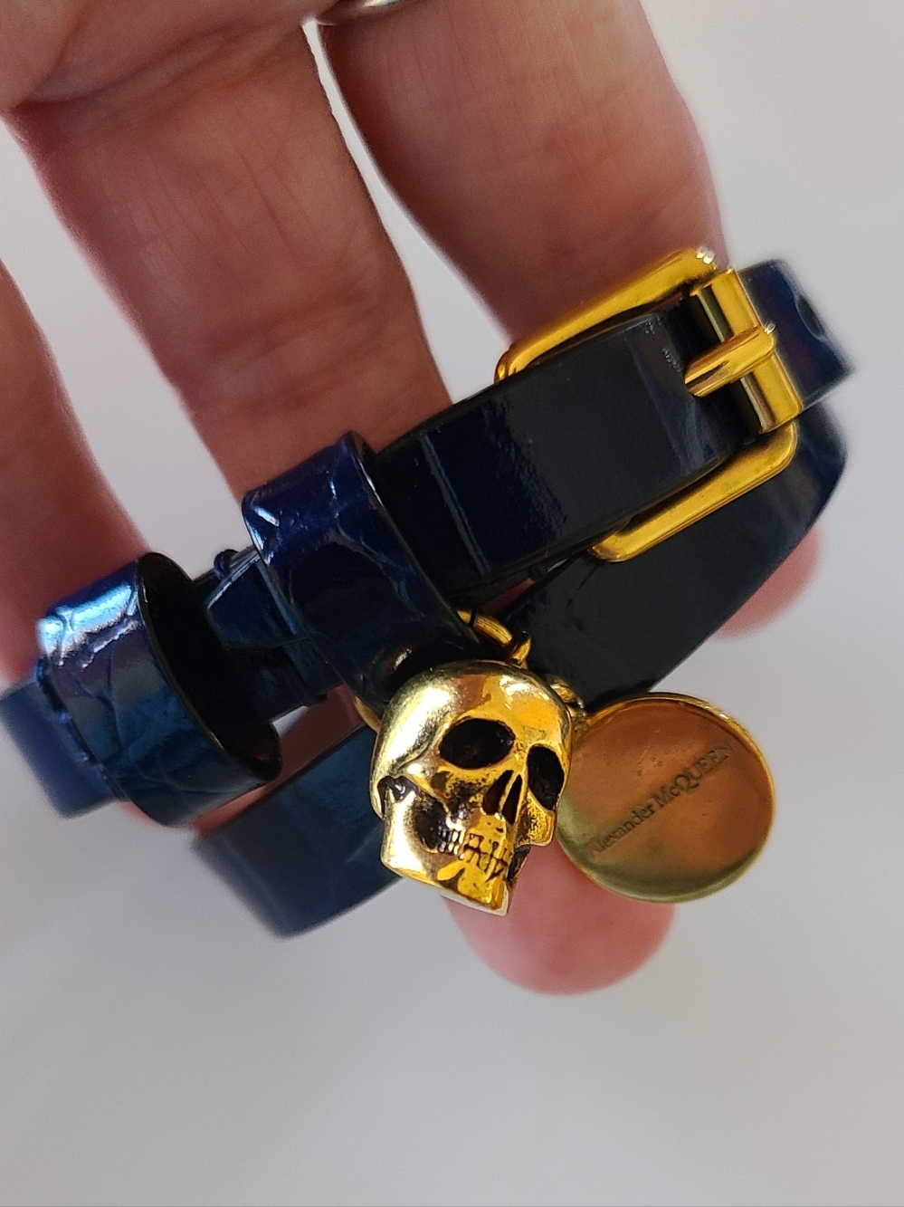 Alexander McQueen Navy Blue Skull Double Wrap Leather Croc Embossed Bracelet Euc - Picture 3 of 13